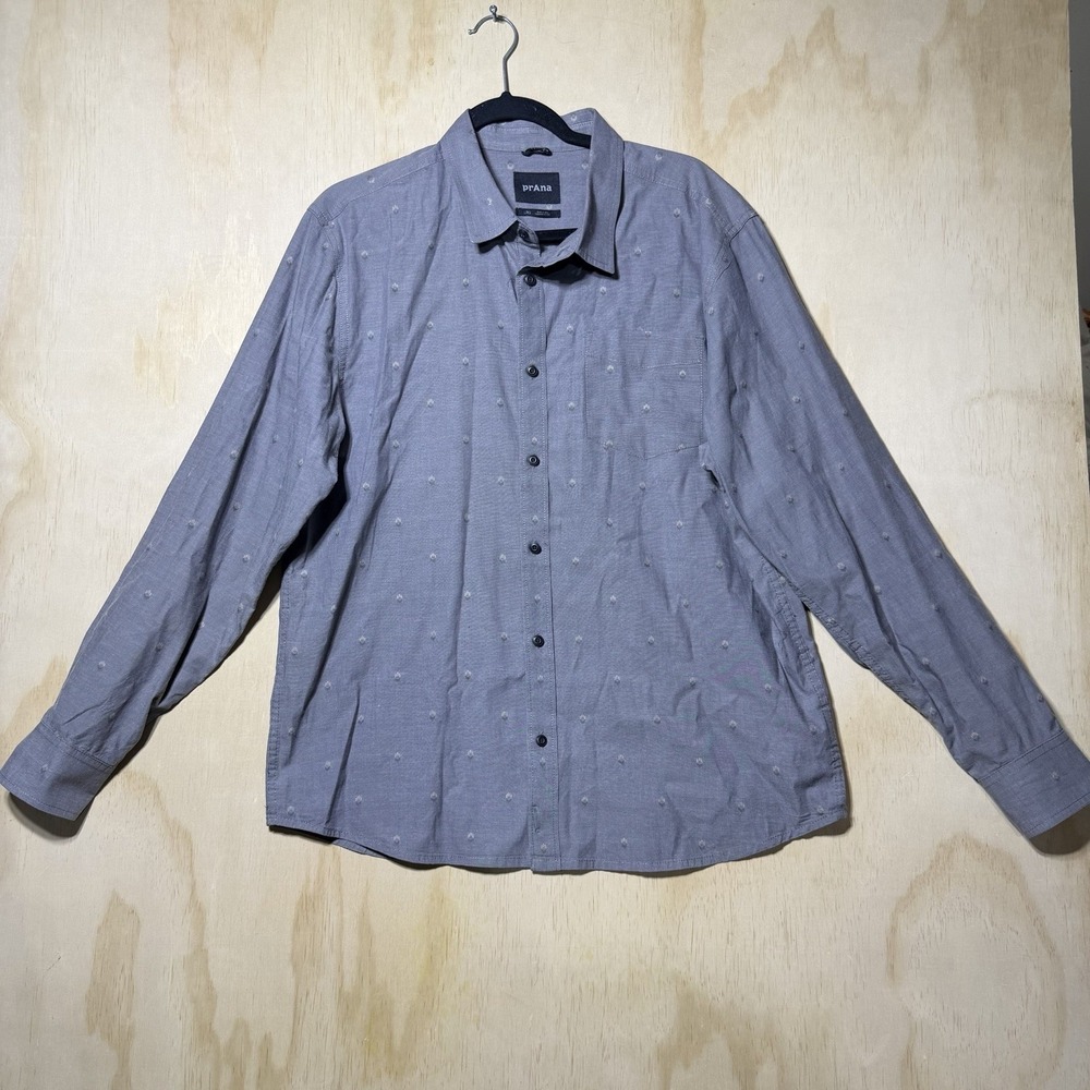 prAna Organic Cotton Button Front Shirt Mens Large Gray Dot Pattern Casual